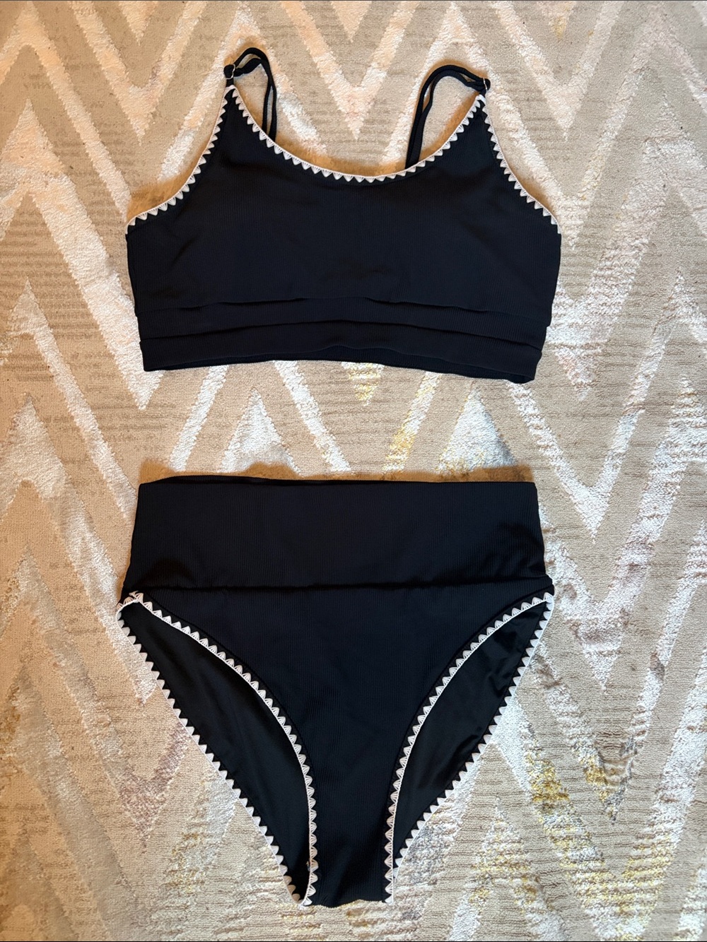 NEW Black Two-Piece Swim Set with White Zigzag Trim